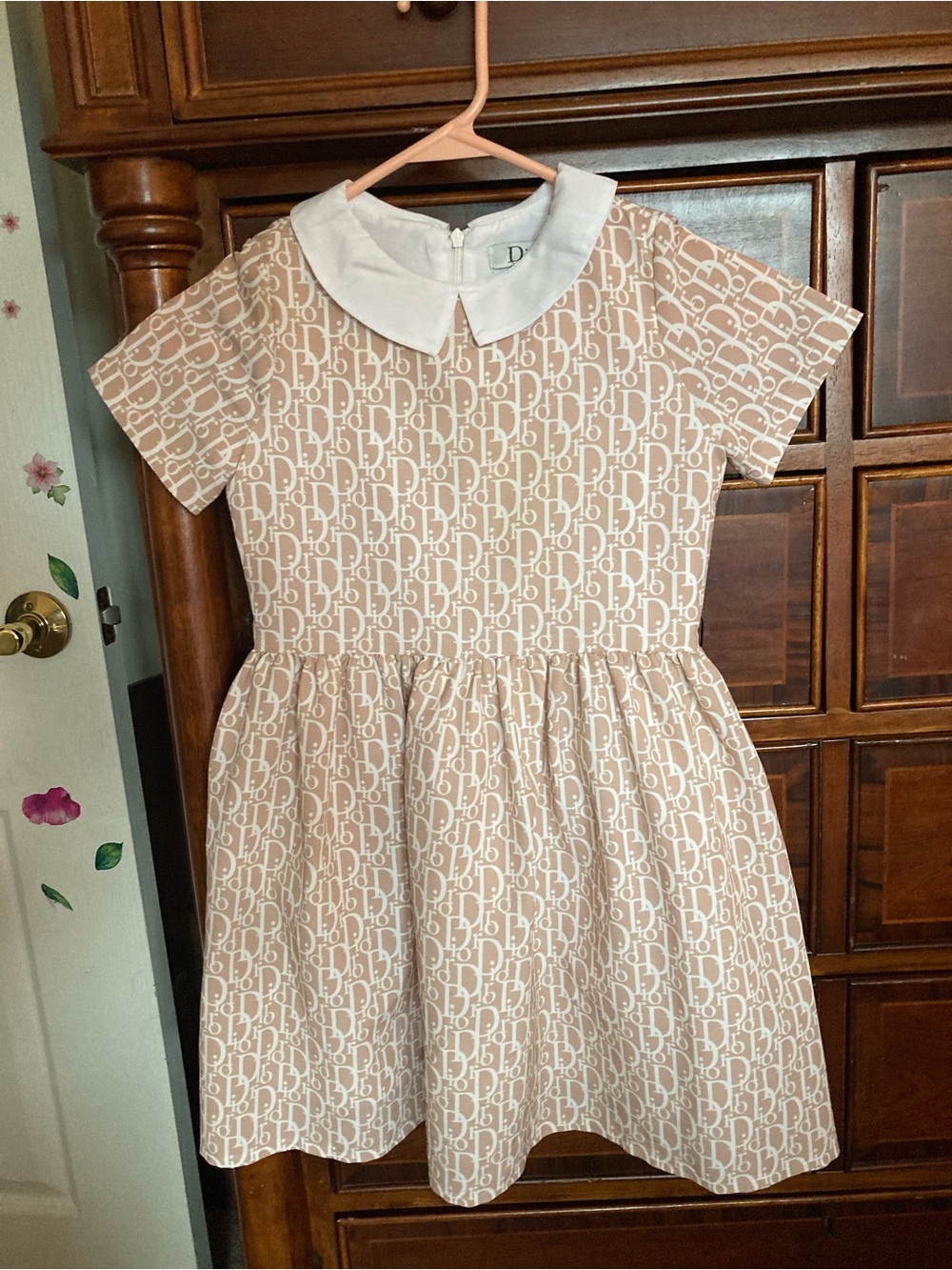 Dior Cream Logo Print Peter Pan Collar Dress for Kids
